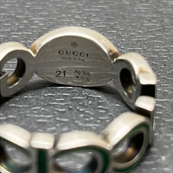 Gucci Interlocking G Ring 9MM Green Enamel STERLING SILVER Size 21 (9.5 US) EUC - Picture 9 of 11